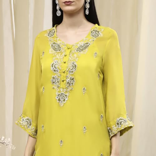 BIBA Women Lime Green Embroidered Straight Suit Set_32