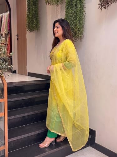 VARNI FABRICS: A lady's First Love Women's Yellow Silk Blend Embroidered Straight Kurta Set With Pant And Dupatta