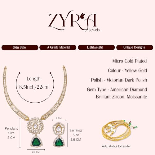 ZYRA JEWELS Micro Gold Plated Floral Necklace Set with American Diamond, Zircon & Moissanite Stones | Party Bling Luxury Designer Jewelry for Women & Girls (Emerald Green)