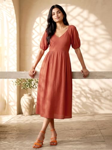 Max Women Textured Midi Dress (Orange_L)