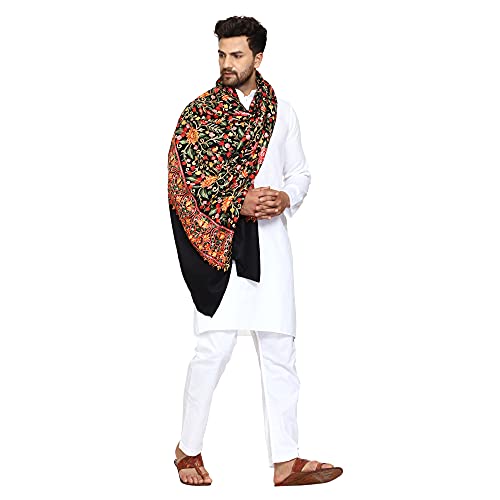 SWI WITH LABEL Men's Kashmiri Aari Embroidered Wool Shawl (I5222_Black_Free Size)