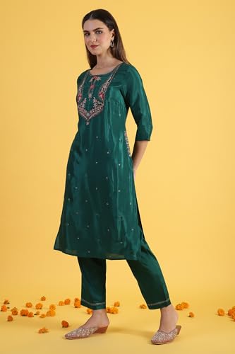 W for Woman Green Thread Embroidered Straight Kurta and Pants Set with Dupatta (Size: XL)-WS12310-119954
