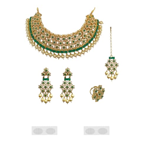 ACCESSHER Gold-Tone Choker - Pearls,Green-White Stone, With Maangtikka & Earrings With a Pair of Transparent Earring supporter sticker & Maangtikka Supporter Patch