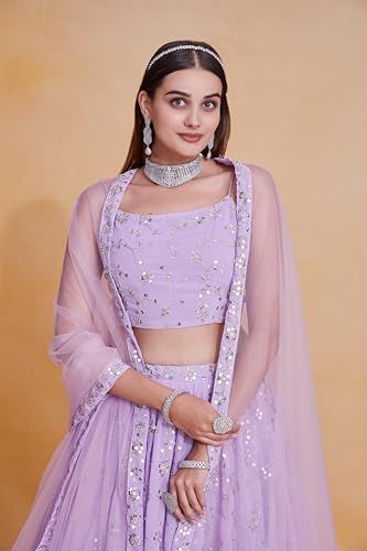 JIHU CULTURE Women Georgette Semi Stitched Lavender Embroidery Lehenga Choli Semi-Sttiched Lengha Choli With Dupatta, 3.5