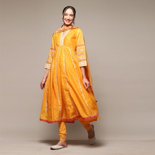 BIBA Polycotton Women Printed Anarkali Salwar Kurta Dupatta(SKDBANDHEJ8993_MAN_32), Yellow