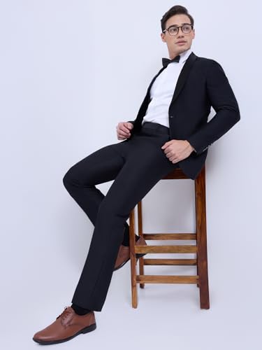 Raymond Men Slim Fit Solid Pattern Poly Rayon Blend Shawl Collar Full Sleeve Formal Suit Black