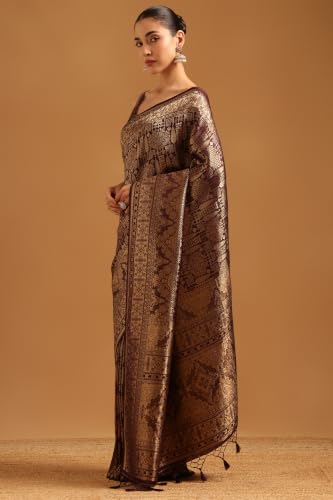 Soch Womens Wine Tussar Zari Woven Saree