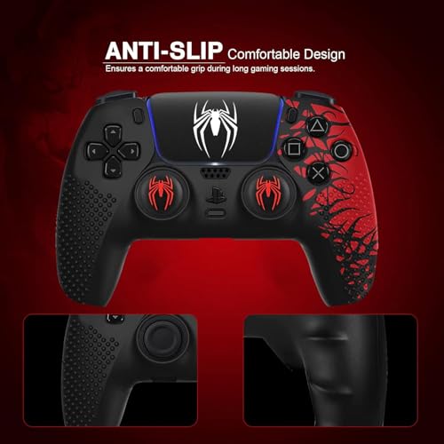 Sounce Anti-Slip Silicone PS5 Controller Skin Cover – Non-Slip Protective Grip Sleeve with Thumb Grip Caps, Touch Pad Sticker & Wrap Cover Stickers for PlayStation 5 (Pack of 1, Red Skin Cover)
