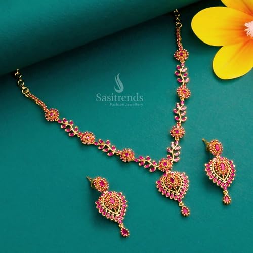 Sasitrends Traditional Micro Gold Plated American Diamond Floral Pendant Necklace Jewellery Set for Women
