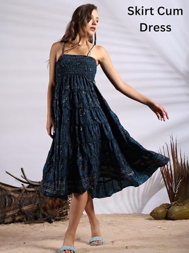 KE KANHA EXPORTs Convertible Skirt Dress for Women|Summer Skirt Dress Beach Wear|Boho Border Print Flared Design|Multicolor|Easily fits S-M-L|Bust 24-48 Inches Length 38 Inches|Boho Beach