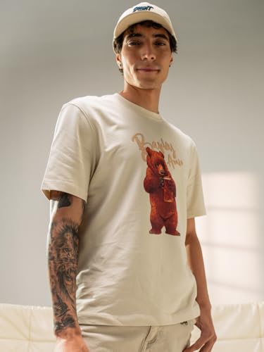THE BEAR HOUSE Men Cotton Graphic Printed Tshirt Beige