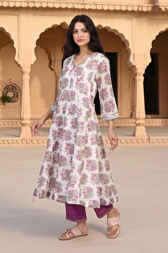 W for Woman Floral Printed Sequined Flared Chanderi Kurta with Straight Pant and Dupatta Set - Beige (WS12946-126020-XL)