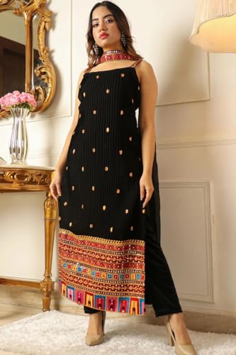 Dresser Women's Georgette Embroidery Straight Kurta with Dupatta Bottom Set (2XL)