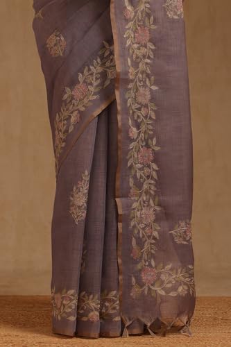 Soch Womens Lavender Linen Floral Printed Zari Embroidered Saree