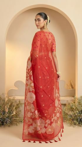 Label Aarna Women's Red Cotton Saree with Unstitched Blouse Piece | Woven | Floral Design | Cultural Wear
