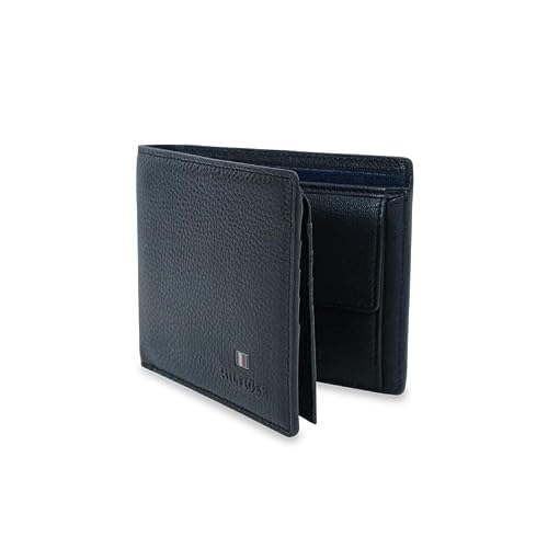 Tommy Hilfiger Men's Multicard Coin Wallet Caroni - Black | Genuine Pebbled Textured Leather Bifold Wallet with 12 Card Slots & Coin Pocket | Ideal for Gifting