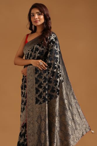 Soch Womens Black Satin Botanical Zari Woven Saree