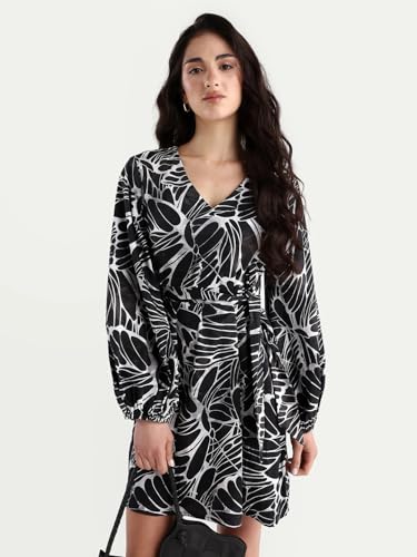 Rareism Women's Cotton V-Neck Floral Print Bishop Sleeve Mini A-Line Dress