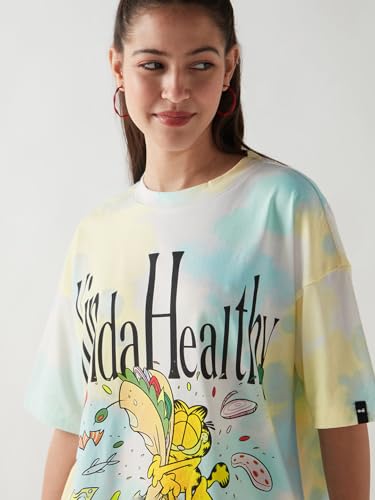 Bewakoof Official Garfield Merchandise Women's Graphic Printed Oversized Fit Half Sleeve Round Neck Cotton Jersey T-Shirt_648815_White_L