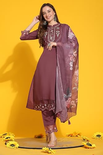 TRENDMALLS Women's Satin Silk Embroidery Salwar Suit Set Kurta Pant with Dupatta (G192-Purple-XXL)
