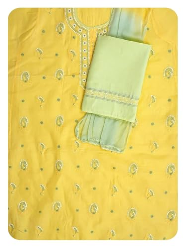 Ada Hand Embroidered Lucknowi Chikankari Unstitched Cotton Dress Material Suit Piece with Dupatta for Women 01A879665 Yellow