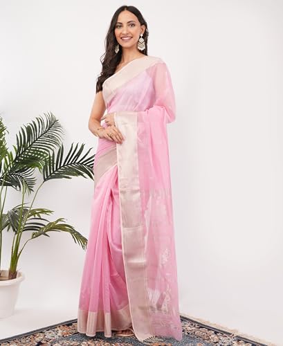Gaon Originals Silk Saree in Blush Pink with Contrasting Border