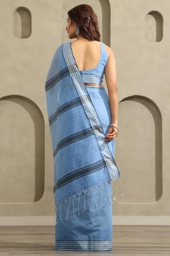 Soch Womens Light Blue Cotton Striped Saree