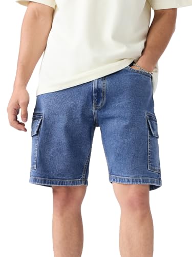 The Souled Store Baggy Cargo: Glacier Men and Boys Buttoned Knee Length Cotton Blend Baggy Fit Denim Shorts