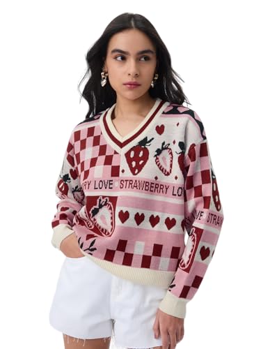 The Souled Store: Berry Love Women and Girls Full Sleeves V-Neck Pink and Red Printed Acrylic Lightweight Casual Pullover Oversized Sweater