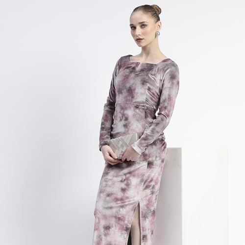 Madame Semi Sheer Side Slit Abstract Print Pink Dress