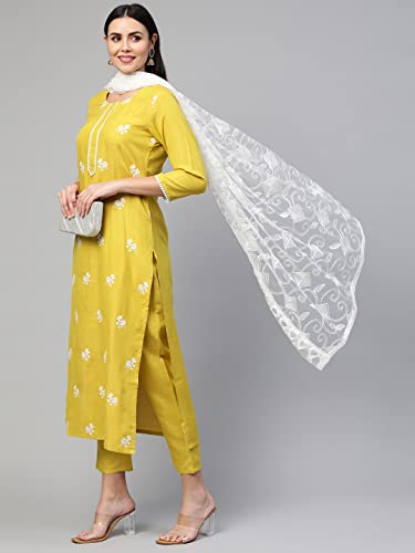 GoSriKi Women's Cotton Blend Embroidered Kurta with Pant & Dupatta (Mukund Yellow_L-Go_Yellow_Large)