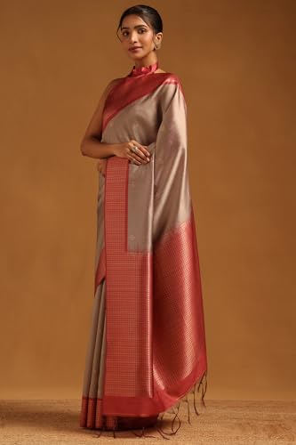 Soch Womens Beige Tussar Geometric Zari Woven Saree