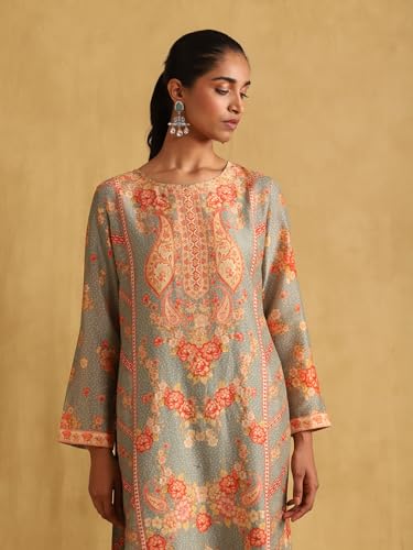 Ritu Kumar Green Floral Print Chanderi Kurta With Palazzo And Dupatta