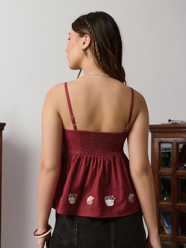 The Souled Store Hello Kitty: Strawberry Embroidery Women and Girls Sleeveless Square Neck Maroon Embroidered Cotton Linen Blend Regular Fit Lightweight All-Season Everyday Peplum Top