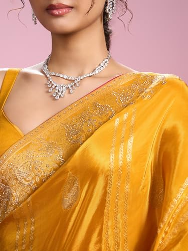 MOHEY Women's Art Silk Stone Work, Weave Saree with Blouse Piece(Mustard Yellow)