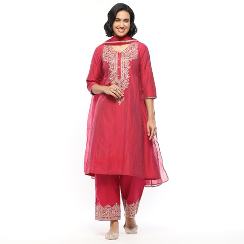 Biba Women Pink Cotton Embroidered Kalidar Suit Set_42