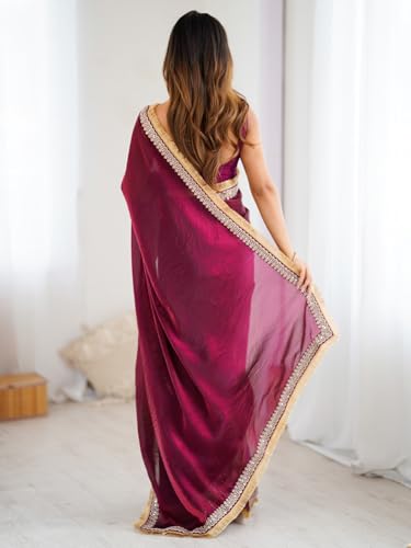 AKHILAM Women's Wine Satin Embellished Saree With Unstitched Blouse Piece (AARYAN20602_KR)