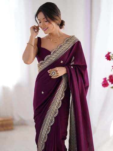 AKHILAM Women's Purple Vichitra Silk Embellished Saree With Unstitched Blouse Piece (RADHA5002_RX)