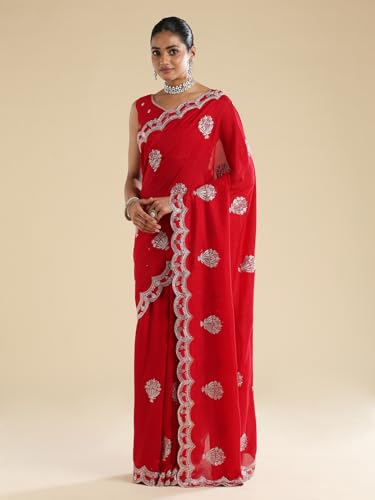 AKHILAM Women's Red Vichitra Silk Ethnic Motif Embellished Saree With Unstitched Blouse Piece (ANIKA2402_AG)