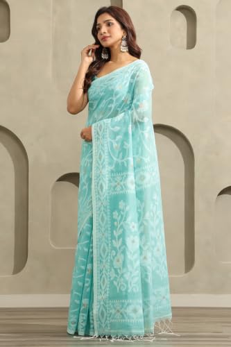 Soch Womens Turquoise Blue Cotton Jamdani Woven Saree