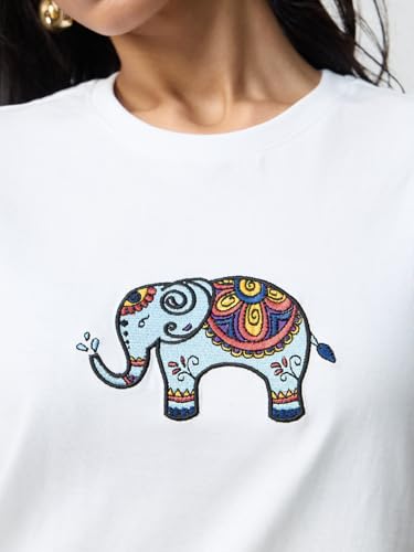 The Souled Store Indie Elephant Women and Girls Short Sleeves Round Neck White Embroidered Cotton Regular Fit Lightweight All-Season Everyday Streetwear T-Shirt