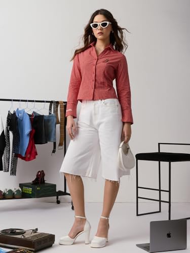The Souled Store Hot Mess Women and Girls Full Sleeves Collared Neck Red Stripes Embroidered Cotton Slim Fit Breathable Hand-Detailed Everyday Casual Shirt