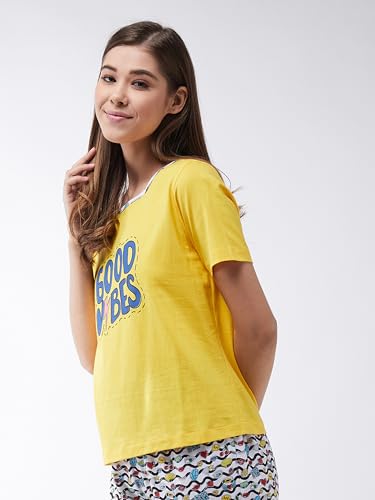 Miss Chase Women's Round Neck Short Sleeves Printed Regular Length T-Shirt (MCSS25TS99-03-29-04, Yellow, M)
