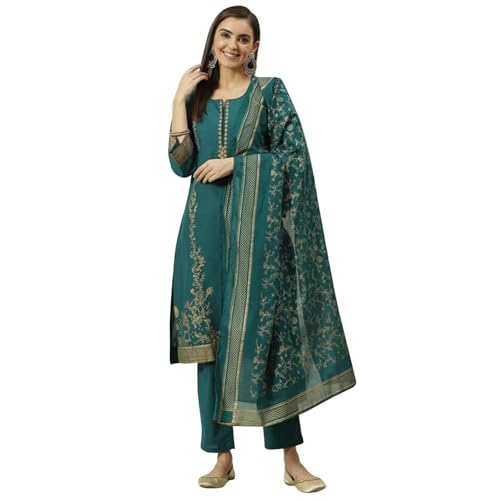 BIBA Women Cotton Straight Printed Suit Set (SKD7057EAW21TGRN_Green