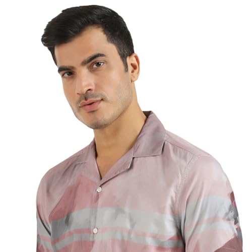 blackberrys Men?s Linen Casual Ochre Printed Smart Fit Shirt | Printed Linen Shirt with Collared Neck & Long Sleeves | Casual Styling | Size 38, Color Red