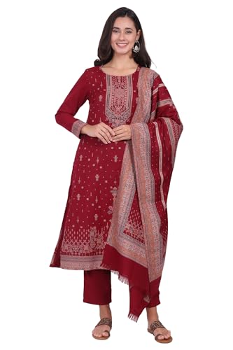 W for Woman Maroon Ethnic Motifs Printed Straight Kurta, Straight Pants and Dupatta Set - (WS13383-314582-3XL)