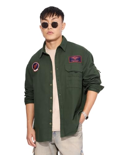 The Souled Store Official Top Gun: Flight Crew Men and Boys Long Sleeves Collared Neck Button Front Green Patch Embroidery Regular Fit Cotton Shirts