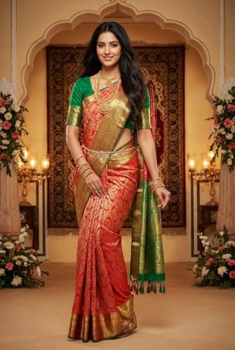 SREE KUMARAN Women's Traditional Handloom Kanchipuram Silk Pure Pattu Sarees | Unstitched Blouse (VSK102-3), Multicolour