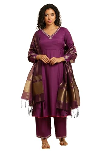 W for Woman Purple Anarkali Festive Kurta, Parallel Pants and Dupatta Set_24AUWS19526-220316_2XL