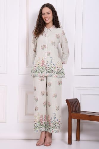W for Woman White Floral Printed Checker Pure Cotton Shirt and Pants Co-ord Set (Size: S)-WS12976-125837